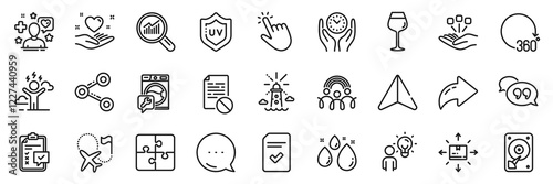 Destination flag, Uv protection and Data analysis line icons pack. Share, Message, Paper plane icons. Quote bubble, Water drop, Consolidation web icon. Vector