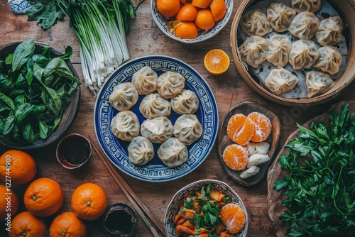 Table filled with symbolic foods like dumplings and oranges. photo