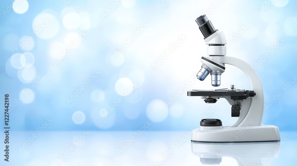 Exploring the microscopic world detailed image of microscope in laboratory setting with blue background