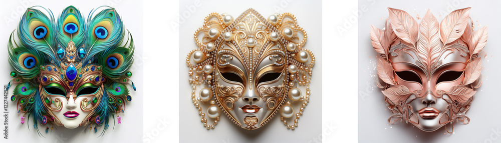 Three ornate Venetian masks, each with unique design and color. One features peacock feathers, another has golden curls, and the third is a pale pink. Three ornate Venetian masks, each with unique design and color. One features peacock feathers, another has golden curls, and the third is a pale pink.