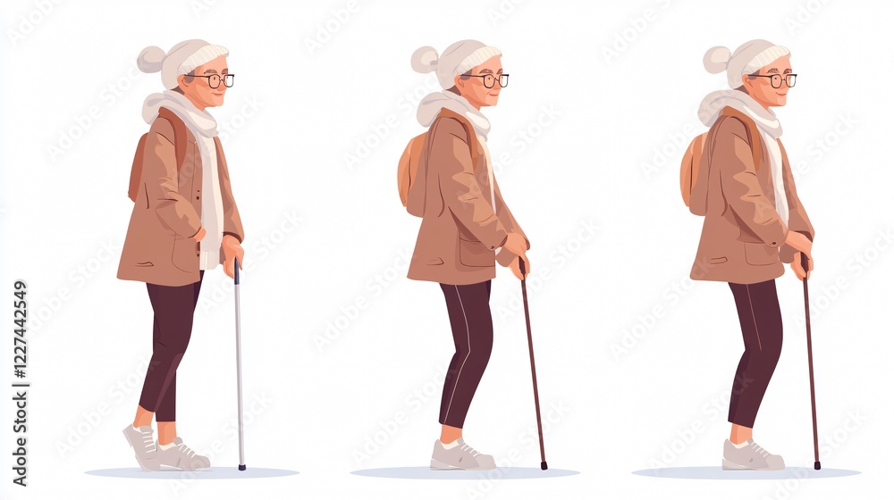 Elegant Parkinson Woman Using Cane Flat Vector Illustration for Medical Visuals and Educational Materials Elegant Parkinson Woman Using Cane Flat Vector Illustration for Medical Visuals and Educational Materials