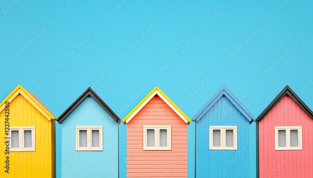 A row of colorful, stylish houses against a bright blue sky, showcasing a playful blend of architectural design and vibrant hues. A row of colorful, stylish houses against a bright blue sky, showcasing a playful blend of architectural design and vibrant hues.