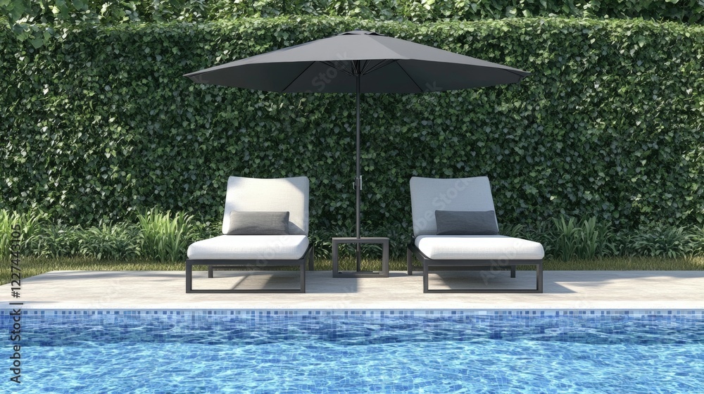Fototapeta premium Realistic Mockup of a Black Umbrella Next to Two Sun Loungers by a Swimming Pool Surrounded by Lush Greenery and Clear Water