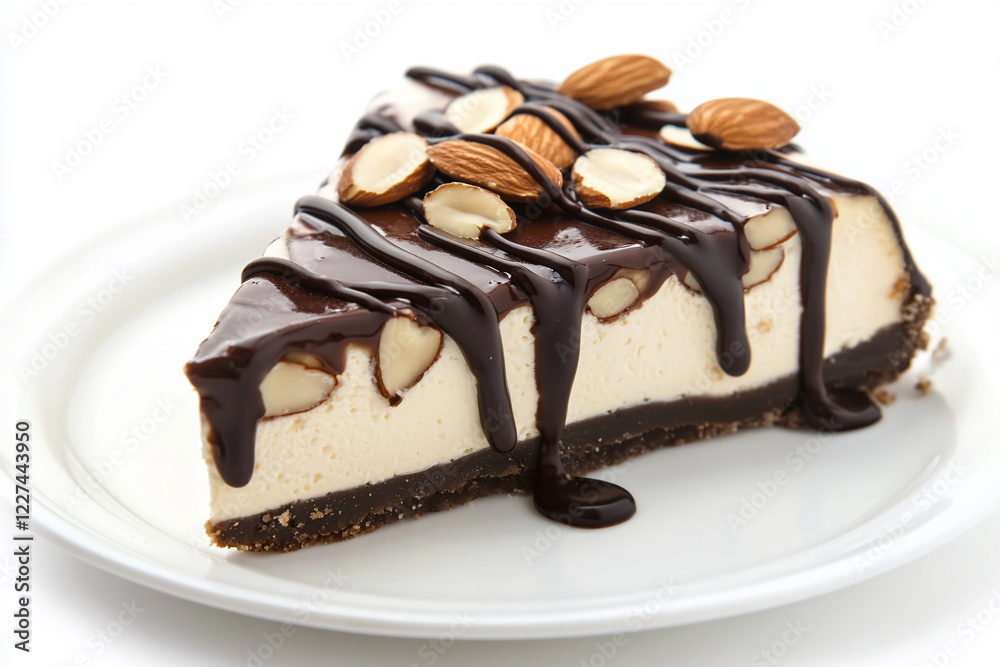 Delicious chocolate almond cheesecake slice on a white plate, showcasing rich textures and creamy layers Delicious chocolate almond cheesecake slice on a white plate, showcasing rich textures and creamy layers
