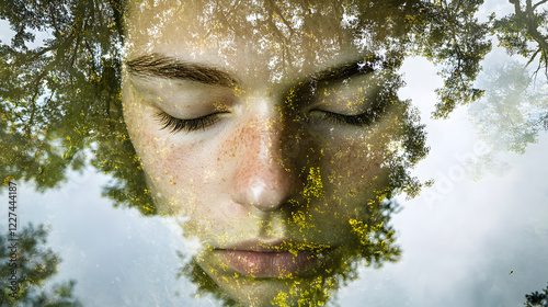 exposure of a person’s closed eyes blending with a tranquil lake, representing meditation, serenity, and the deep reflection of the soul  photo