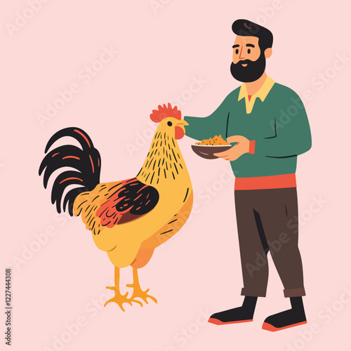 male farmer with feeding hen vector illustration