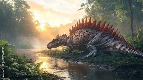 Dacentrurus resting near a prehistoric riverbank its spiked tail and plated back catching the soft light of dawn surrounded by lush vegetation captured with a wide angle lens for serene detail photo