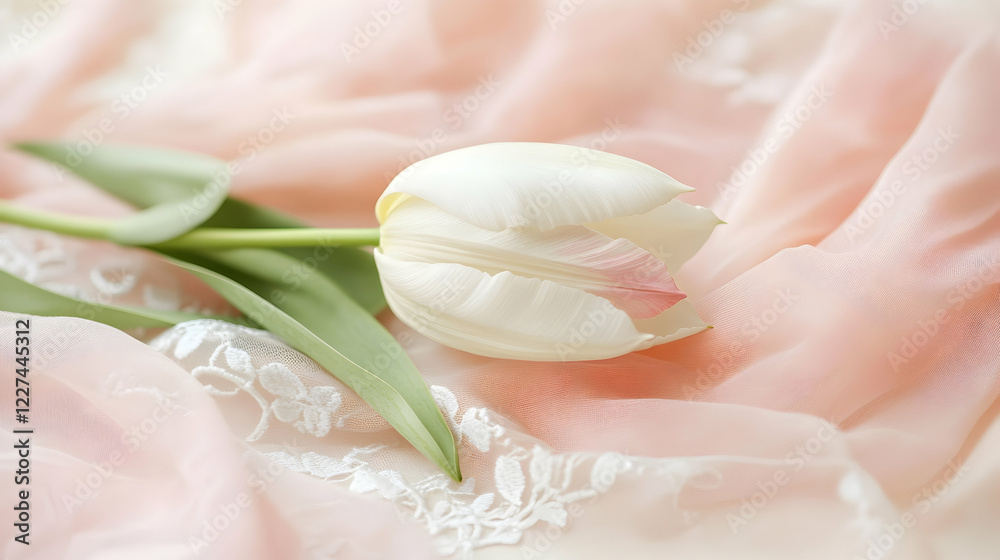 Naklejka premium Single white tulip with pink edges on a lace tablecloth, photography