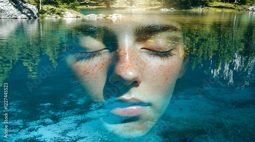 exposure of a person’s closed eyes blending with a tranquil lake, representing meditation, serenity, and the deep reflection of the soul 