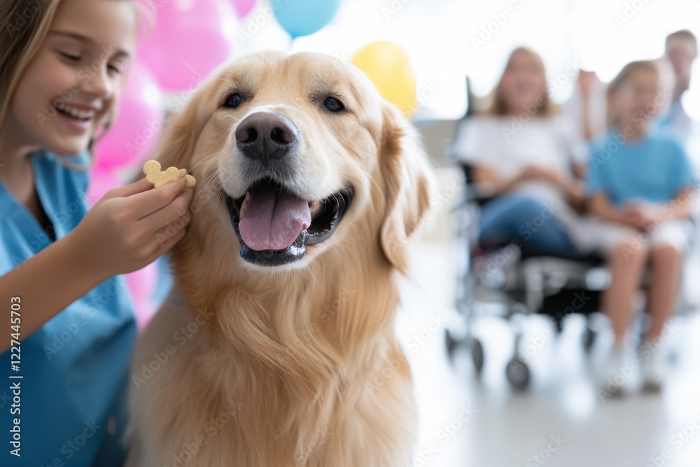 A joyful golden retriever interacting with children, surrounded by balloons, representing love, companionship, and the happiness that pets bring to our lives during celebrations. A joyful golden retriever interacting with children, surrounded by balloons, representing love, companionship, and the happiness that pets bring to our lives during celebrations.