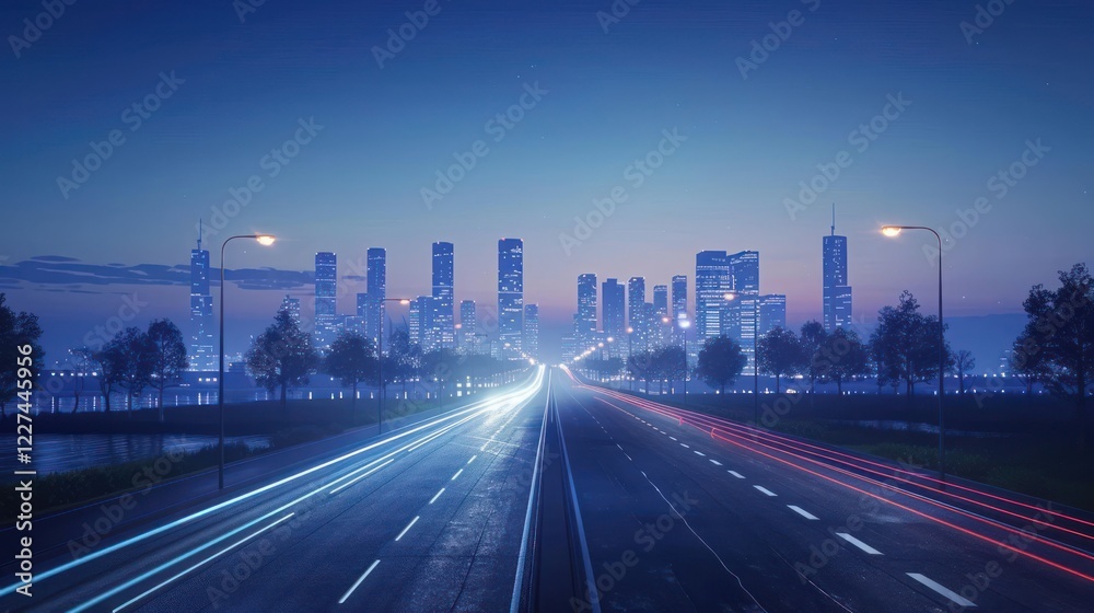 Fototapeta premium City skyline at dusk with illuminated skyscrapers and light trails on a highway