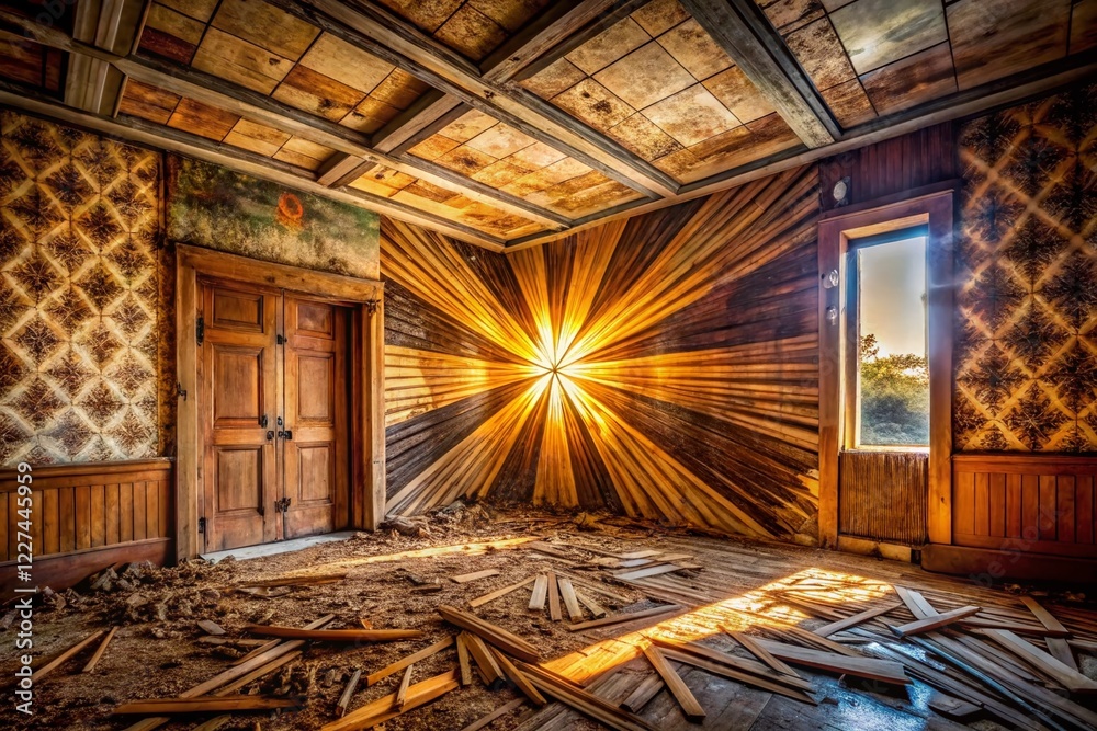 Fototapeta premium Abandoned Building Interior: Starburst Light, Straw Marquetry Detail, High Resolution