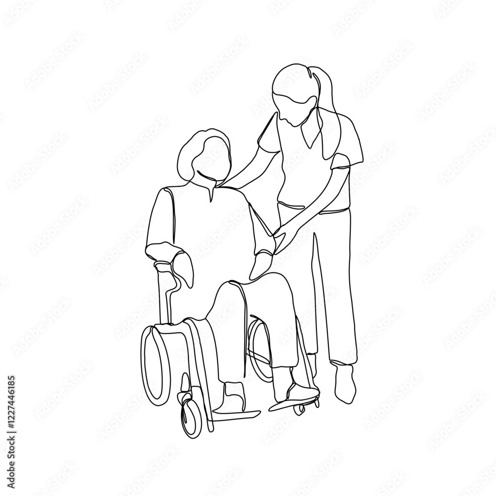 Continuous line drawing of professional caregiver assisting senior man or woman in wheelchair. Wheelchair disability, rehabilitation line art.