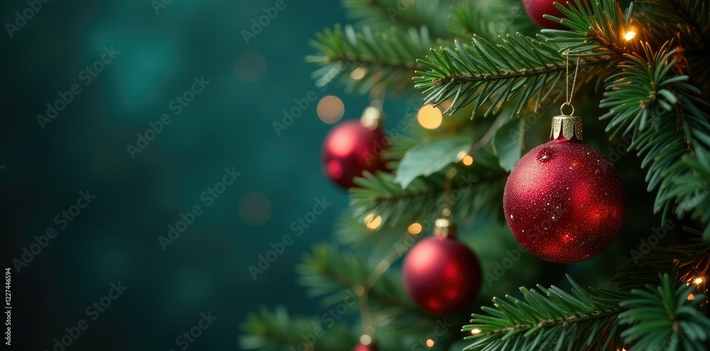 A Christmas tree branches adorned with red glass ornaments and sparkling snowflakes, holiday decorations, holly leaves A Christmas tree branches adorned with red glass ornaments and sparkling snowflakes, holiday decorations, holly leaves