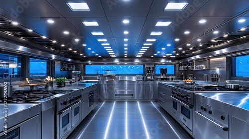 Modern stainless steel galley kitchen with underwater views.