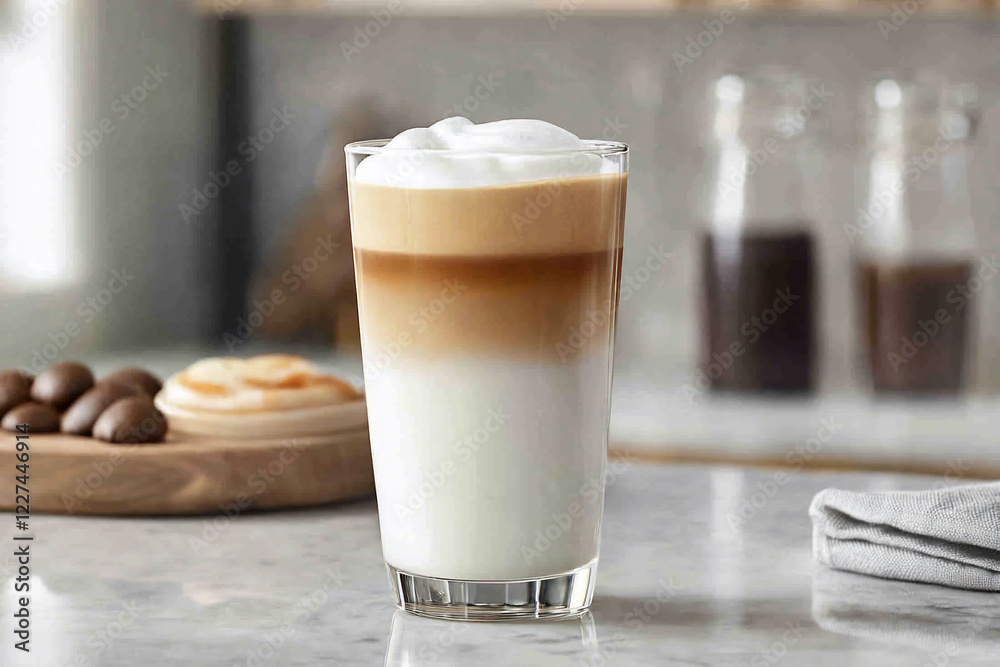 Refreshing layered coffee drink served in a glass with cookies and jars in a cozy kitchen setting Refreshing layered coffee drink served in a glass with cookies and jars in a cozy kitchen setting