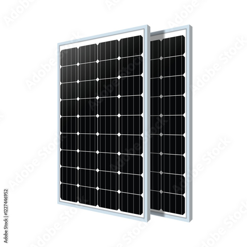 Two overlapping solar panels with a grid of dark photovoltaic cells and light-colored frames. Positioned on a white background, showcasing advanced renewable energy technology.