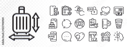 Baggage size, Bitcoin think and Atm line icons for web app. Glare of light effect. Message icon. Pack of Volunteer, Ice tea, Recycling pictogram icons. Vector