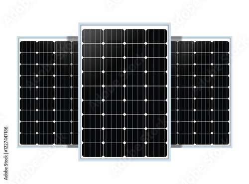Three solar panels in an arc arrangement against a white background. Showcasing grid-patterned photovoltaic cells, emphasizing advanced renewable energy technology.