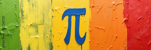 Blue pi symbol painted on textured rainbow background