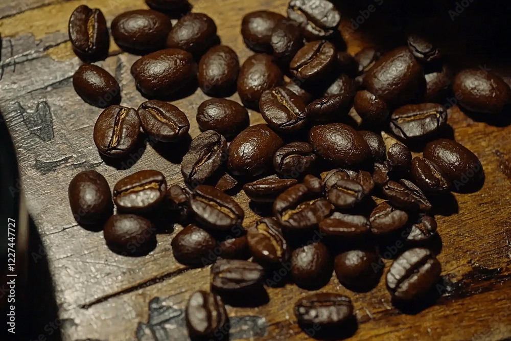 Fototapeta premium Close-up view of scattered coffee beans on wood