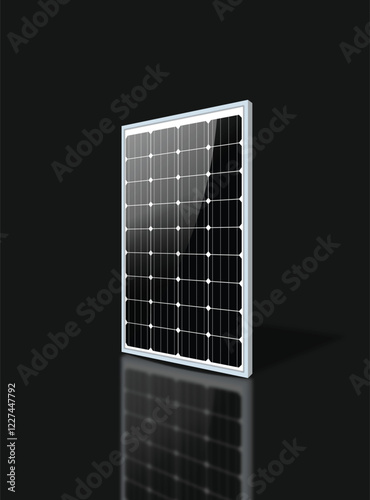 "Rectangular solar panel with a grid of photovoltaic cells, reflective surface, and white frame against a black background. Showcasing advanced renewable energy technology.