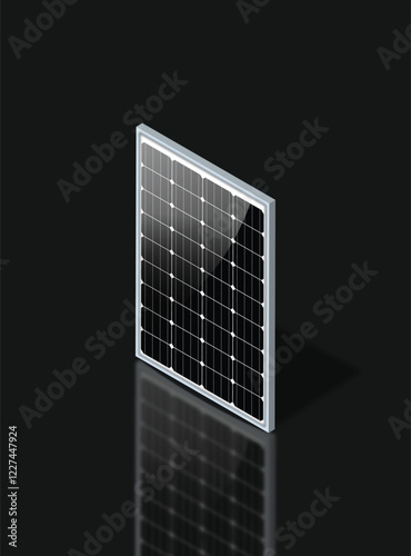 "Single solar panel standing upright against a dark background. Reflective surface with a grid of photovoltaic cells. Highlighting advanced renewable energy technology and efficient power solutions.