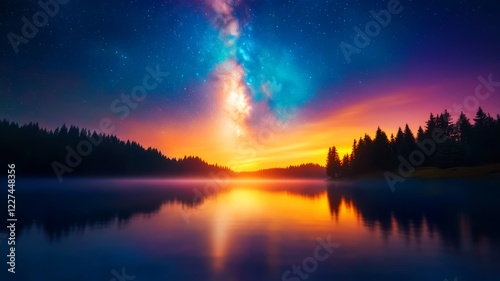 Majestic Night Sky Over Serene Lake with Colorful Reflections and Lush Forest Silhouette