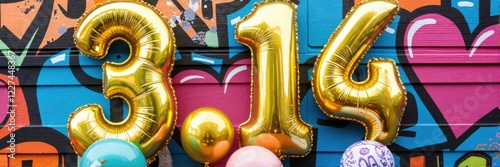 Golden 3.14 balloons with colorful graffiti background