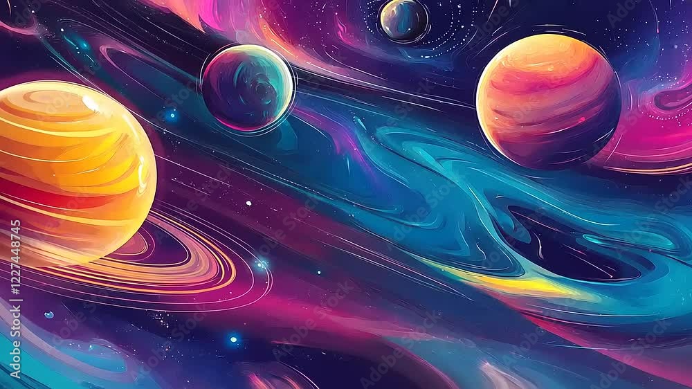 Vibrant Cosmic Landscape with Planets and Swirling Nebulae