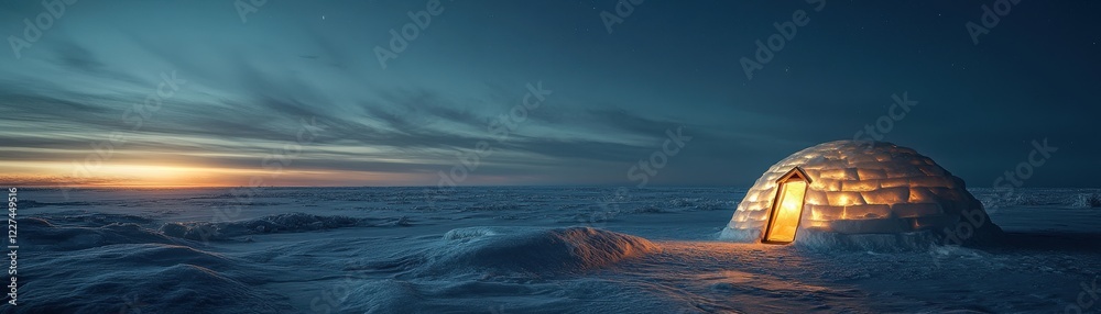 A serene igloo glows warmly against a snowy landscape at dusk. A serene igloo glows warmly against a snowy landscape at dusk.
