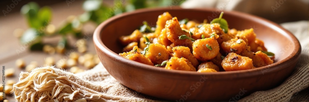 Rustic bowl of spiced chickpeas with herbs on a wooden table Rustic bowl of spiced chickpeas with herbs on a wooden table