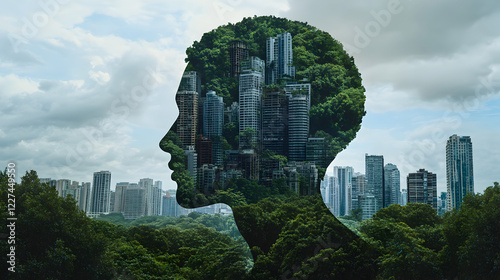 skyline gradually dissolving into a dense jungle within the shape of a human head, illustrating the balance between urban life and nature 