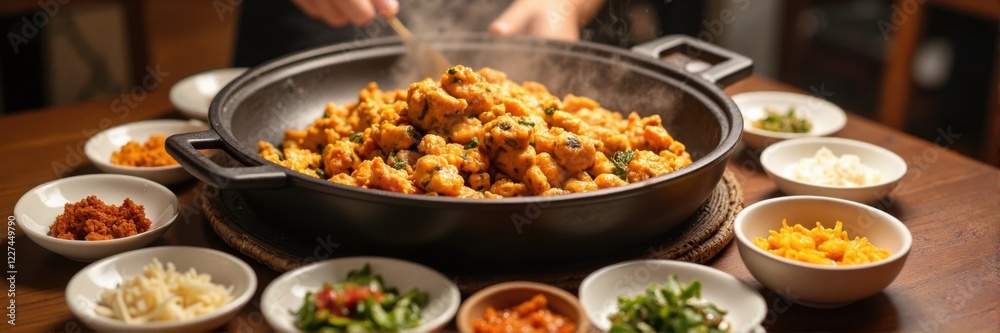 Steaming spiced chicken dish with side ingredients on a wooden table Steaming spiced chicken dish with side ingredients on a wooden table