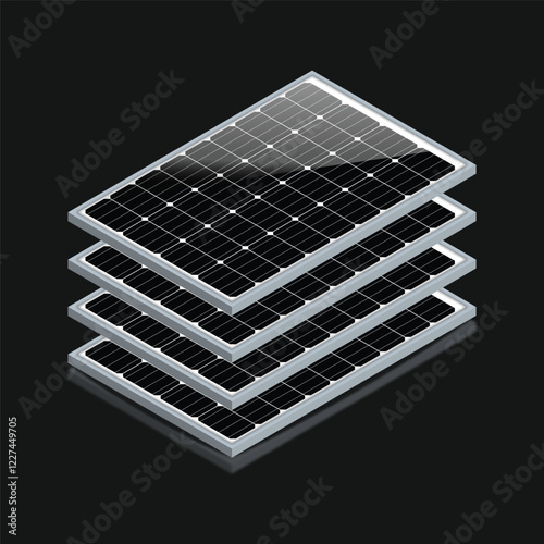 Four stacked isometric solar panels with grid-patterned photovoltaic cells and metallic frames against a dark background. Highlighting advanced renewable energy technology and efficiency.
