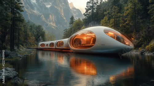 Wallpaper Mural Futuristic Vessel on Serene Mountain Lake at Dawn Torontodigital.ca