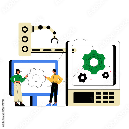 Engineers Collaborating On Industrial Automation System With Robotic Arm And Gear Mechanism In Flat Vector Illustration Symbolizing Manufacturing And Technology, Isolated On White Background