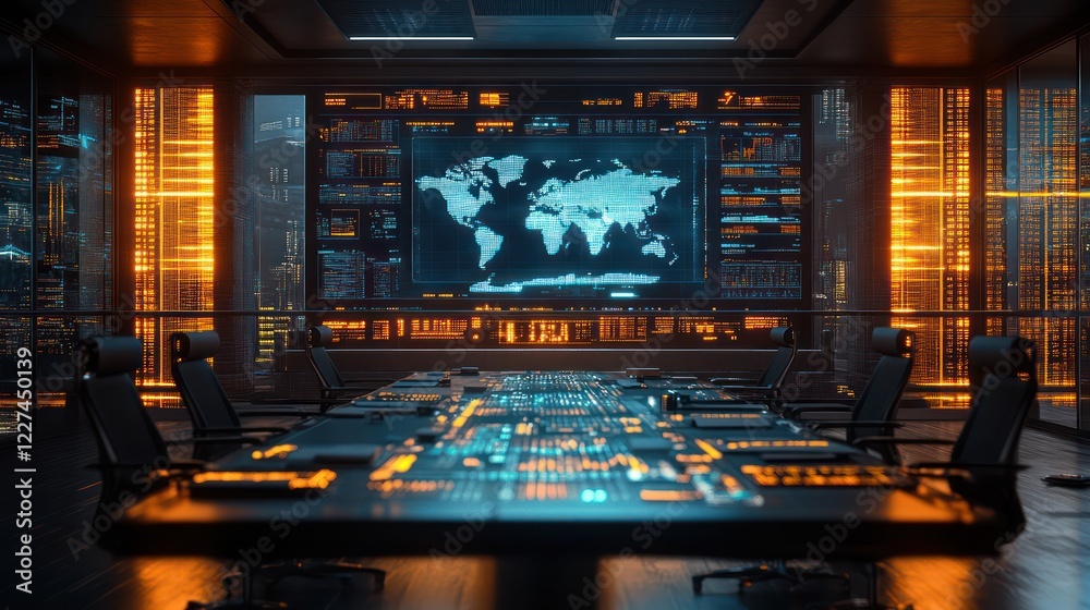 Global Command Center: Futuristic Control Room with World Map Display Global Command Center: Futuristic Control Room with World Map Display