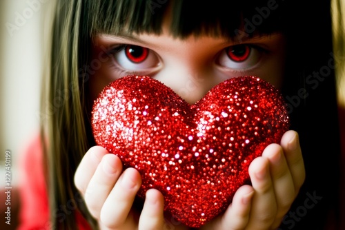 Commercial marketing visual idea artwork. Sign of love. Ð¡hildren valentine's day greeting card: child girl with begging eyes face holds red heart in hands. Valentine's joy with children. photo