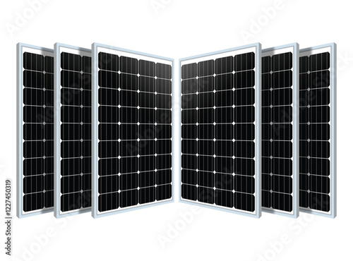Six solar panels arranged in a semi-circular formation against a white background. Highlighting advanced photovoltaic technology and efficient renewable energy solutions.