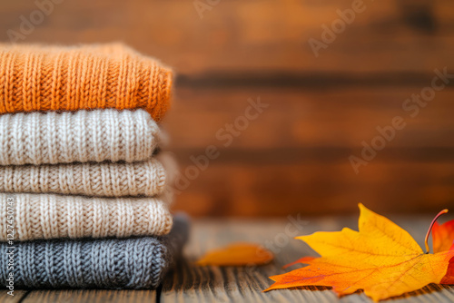 Cozy Knitted Sweaters Stacked on Rustic Wood with Autumn Leaf Decor for Seasonal Vibes photo