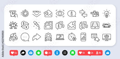 Sleep, Graph phone and Scroll down line icons pack. Social media: share, comment, like icons. Information, Laptop repair, People talking web icon. Currency exchange, Web shop, Car pictogram. Vector