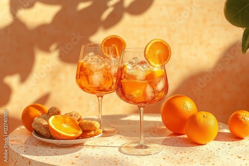 Refreshing aperol spritz cocktails with oranges on sunny patio