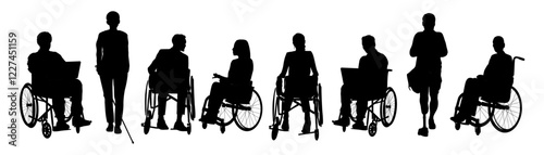 Silhouettes of diverse disabled people standing, walking, men, women sitting in wheelchair. Inclusive business concept. Vector black illustrations isolated on white background.