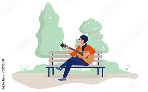 Woman playing guitar outdoors on park bench - Female person sitting with musical instrument practicing and playing music alone in park and nature. Flat design vector illustration on white background