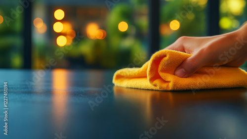 Wallpaper Mural Hand using yellow cloth to clean dark wooden table in bright and blurry background setting Torontodigital.ca