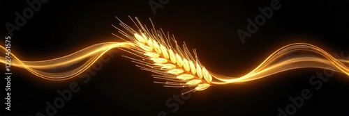 Glowing wheat stalk with flowing golden light on black background