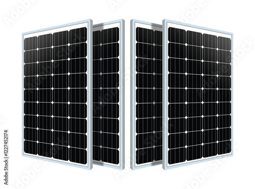 "Four solar panels arranged in a mirrored configuration against a white background. Featuring advanced photovoltaic technology and efficient renewable energy solutions.