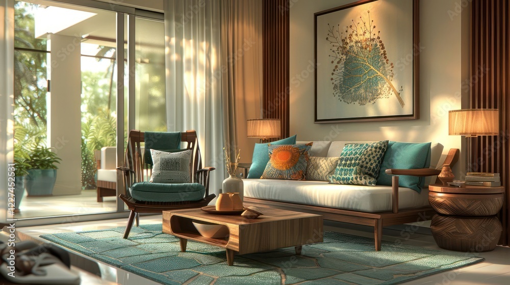 Fototapeta premium Modern living room interior with stylish furniture, vibrant decor, and garden view through glass doors