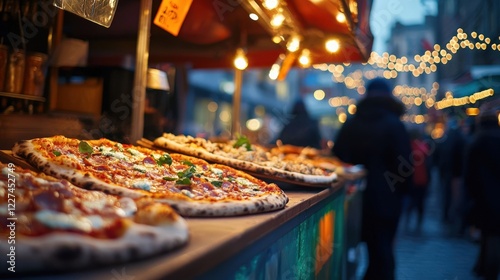 Delicious pizzas at a vibrant street market with twinkling lights and people enjoying the evening atmosphere.